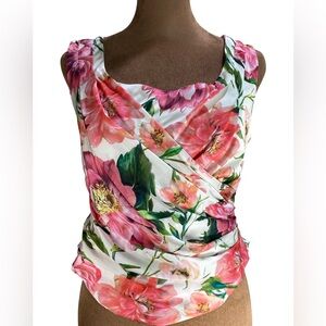 Express Conscious Edit Floral Wrap Sleeveless Blouse Pink Green Cropped Back NWT